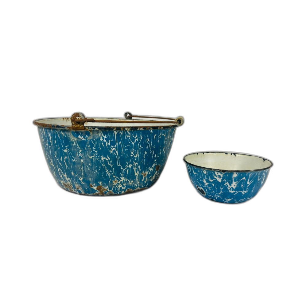Vintage Blue White Swirl Enamelware Graniteware Pail Bowl